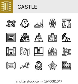 castle icon set. Collection of Inflatable, Catapult, Haunted house, Bumper car, Mummy, Dolmen, Portuguese, Fortress, Sand castle, Pendulum ride, Sao jorge castle, Treasure map icons