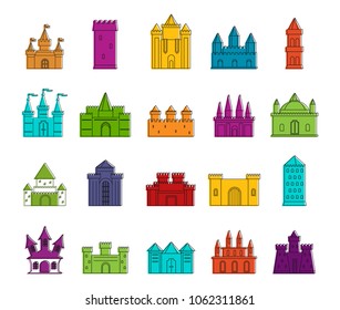 Castle icon set. Color outline set of castle vector icons for web design isolated on white background