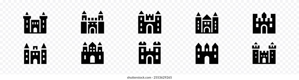 Castle icon set. medieval castles icon set Fortress tower, castle tower line icons set, Sandcastle vector black set icon. Castle Tower icon