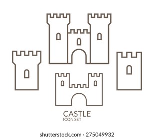 Castle icon set. Outline style castles on white background. Vector illustration