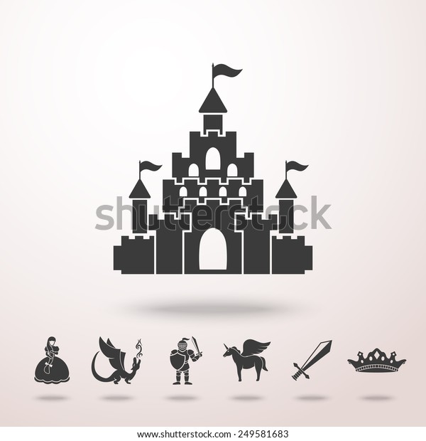白黒のおとぎ話 ゲーム アイコンセットのシャドウと城のアイコン 剣 騎士 ドラゴン プリンセス クラウン ユニコーン 城 ベクター画像 のベクター画像素材 ロイヤリティフリー