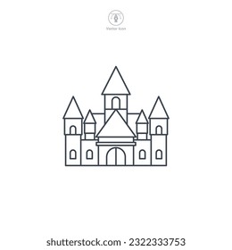 Castle icon vector displays a stylized medieval fortress, symbolizing history, royalty, fortification, heritage, and fairy-tale themes