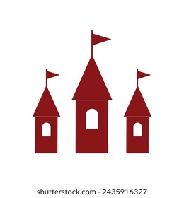 Schloss-Symbol. Vektorgrafik. Rotes Symbol auf weißem Hintergrund. Helle farbige einfache Icon-Illustration. Schloss, Palast, märchenhaftes grafisches Gestaltungselement