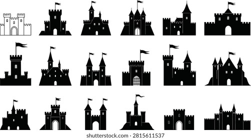 Castle icon vector set, medieval architecture, fortress silhouettes, tower designs, battlements, flags, entryways, black and white illustration, fantasy buildings