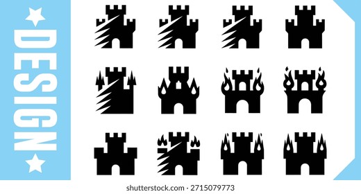 Castle icons with fire and lightning effects fortress