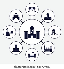 Castle icons set. set of 9 castle filled icons such as baby toy