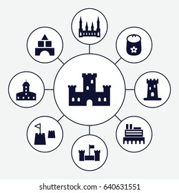 Castle icons set. set of 9 castle filled icons such as baby toy