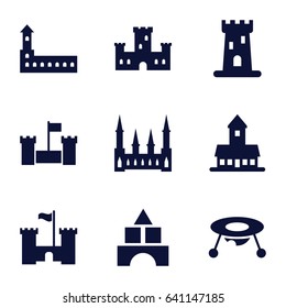Castle icons set. set of 9 castle filled icons such as castle, baby toy
