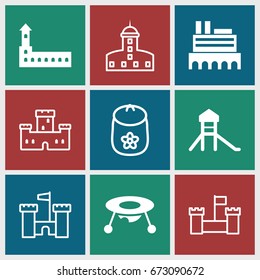 Castle icons set. set of 9 castle filled and outline icons such as castle