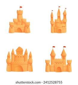 Castle icons set cartoon vector. Different sand castle with flag on tower. Seaside holiday