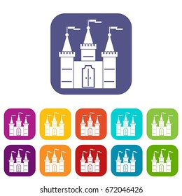 Castle icons set vector illustration in flat style In colors red, blue, green and other