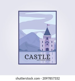 Cartel ilustrativo del castillo vector, panner lake diseño de agua icono panorámico, afiche hermoso, afiche del paisaje con castillo