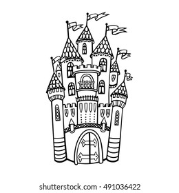 Castle illustration in vector. Isolated drawing of a medieval castle from a fairy tale. Hand drawn sketch for a children`s coloring book or design wedding invitation 