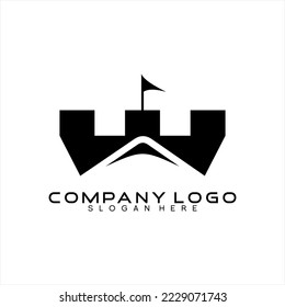 Castle illustration vector logo design with mountain and flag. 