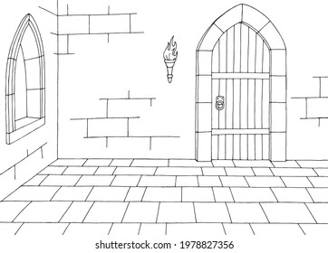 Castle interior graphic black white medieval sketch illustration vector 