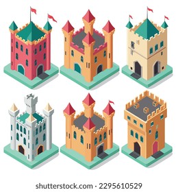 Castle isometric set vector illustration isolated on white