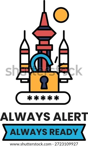 A castle with a key on it and the words Always Alert Always Ready. The castle is surrounded by a fence and has a key on it