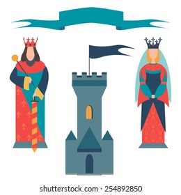 Castle, king, queen and banner