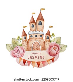 castle or kingdom and flowers watercolor illustration with isolated background