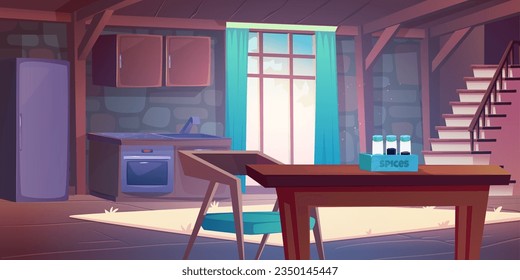 Castle kitchen interior with dining table cartoon illustration. Fridge, cupboard, stove, oven and wood desk in palace room with vintage cook furniture. Daylight from window location with stone wall