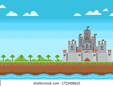 Castle of knight on nature background in game pixel style.