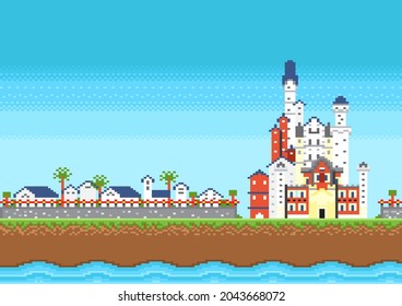 Castle of knight on nature background in game pixel style.
