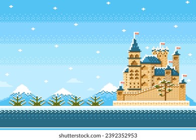 Castle of knight on winter nature background in game pixel style.