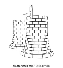 Castle knight tower. Medieval ancient fortress with banner flag. Wireframe low poly mesh vector illustration