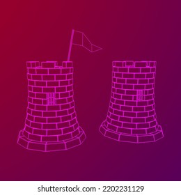 Castle knight tower. Medieval ancient fortress with banner flag. Wireframe low poly mesh vector illustration