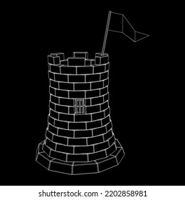 Castle knight tower. Medieval ancient fortress with banner flag. Wireframe low poly mesh vector illustration