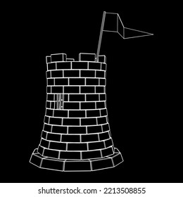 Castle knight tower. Medieval ancient fortress with banner flag. Wireframe low poly mesh vector illustration