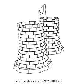 Castle knight tower. Medieval ancient fortress with banner flag. Wireframe low poly mesh vector illustration