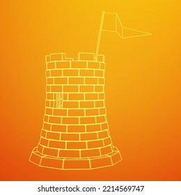 Castle knight tower. Medieval ancient fortress with banner flag. Wireframe low poly mesh vector illustration