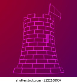 Castle knight tower. Medieval ancient fortress with banner flag. Wireframe low poly mesh vector illustration