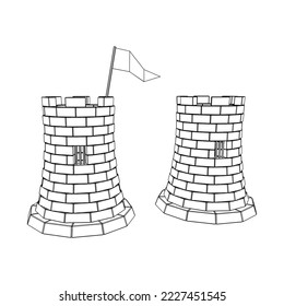 Castle knight tower. Medieval ancient fortress with banner flag. Wireframe low poly mesh vector illustration