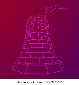 Castle knight tower. Medieval ancient fortress with banner flag. Wireframe low poly mesh vector illustration