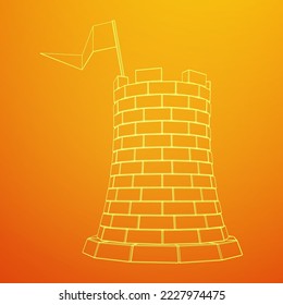 Castle knight tower. Medieval ancient fortress with banner flag. Wireframe low poly mesh vector illustration
