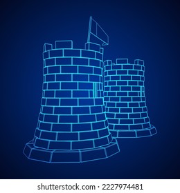 Castle knight tower. Medieval ancient fortress with banner flag. Wireframe low poly mesh vector illustration