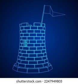 Castle knight tower. Medieval ancient fortress with banner flag. Wireframe low poly mesh vector illustration