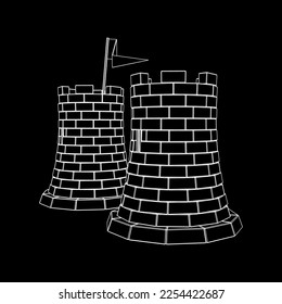 Castle knight tower. Medieval ancient fortress with banner flag. Wireframe low poly mesh vector illustration