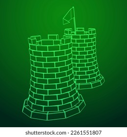 Castle knight tower. Medieval ancient fortress with banner flag. Wireframe low poly mesh vector illustration