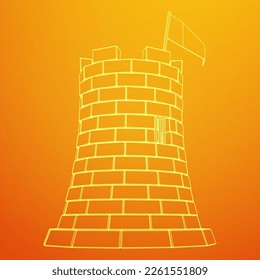 Castle knight tower. Medieval ancient fortress with banner flag. Wireframe low poly mesh vector illustration