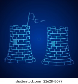 Castle knight tower. Medieval ancient fortress with banner flag. Wireframe low poly mesh vector illustration