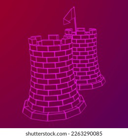 Castle knight tower. Medieval ancient fortress with banner flag. Wireframe low poly mesh vector illustration