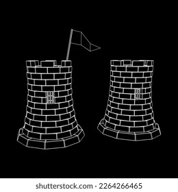 Castle knight tower. Medieval ancient fortress with banner flag. Wireframe low poly mesh vector illustration