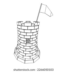 Castle knight tower. Medieval ancient fortress with banner flag. Wireframe low poly mesh vector illustration