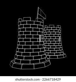 Castle knight tower. Medieval ancient fortress with banner flag. Wireframe low poly mesh vector illustration