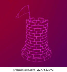 Castle knight tower. Medieval ancient fortress with banner flag. Wireframe low poly mesh vector illustration