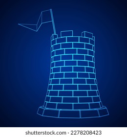 Castle knight tower. Medieval ancient fortress with banner flag. Wireframe low poly mesh vector illustration