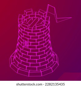 Castle knight tower. Medieval ancient fortress with banner flag. Wireframe low poly mesh vector illustration